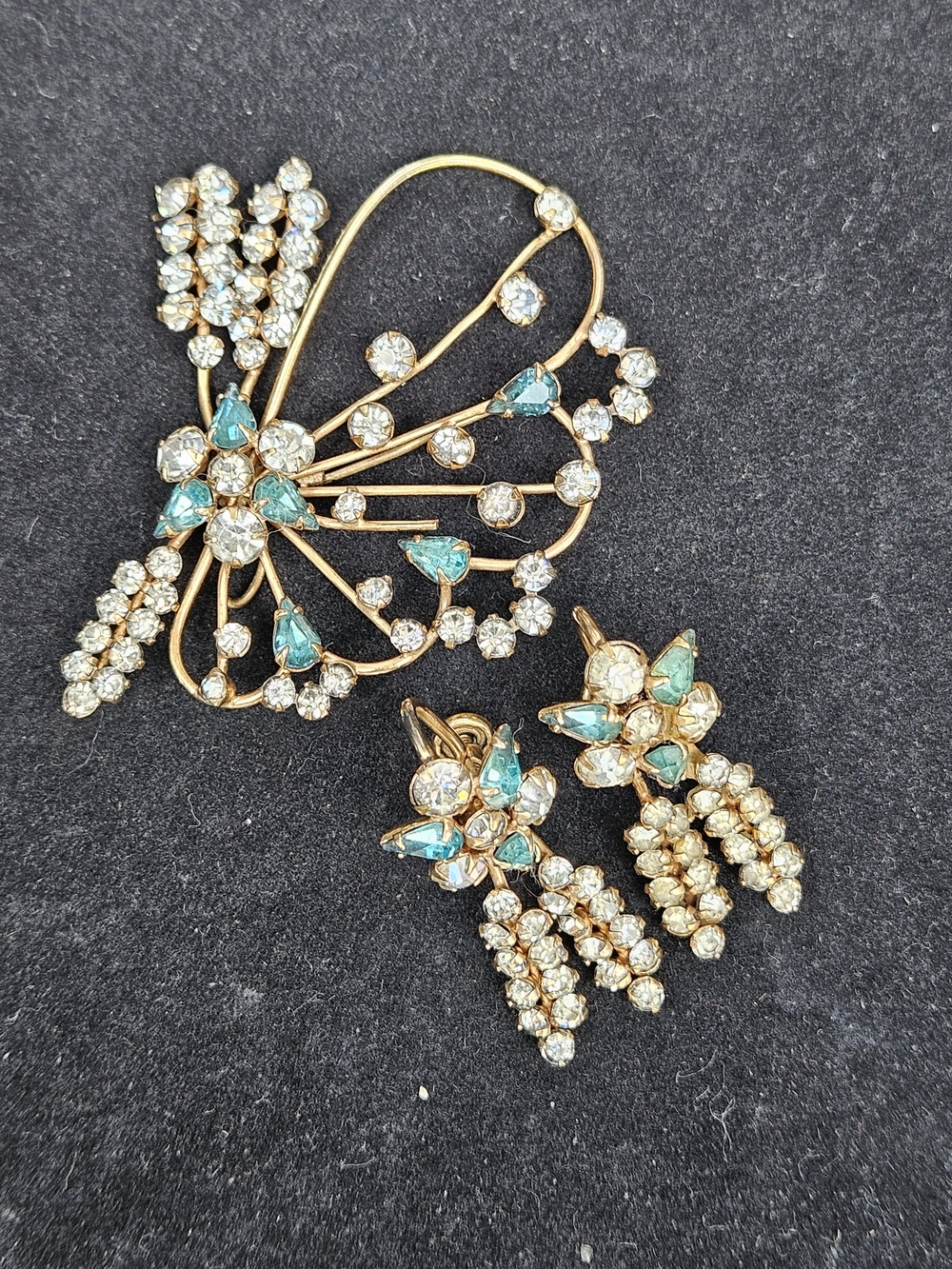 Antique Gold and Teal Butterfly Brooch with Dangle Earrings